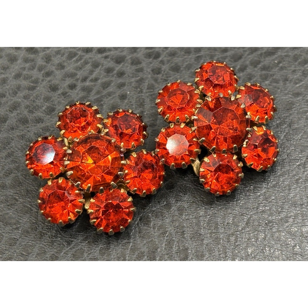 Vintage Orange Rhinestone Flower Cluster Clip-On Earrings Gold Tone Mod Chunky